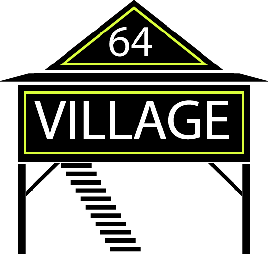 in a black icon of a Guyanese-style house, white text says "64 Village"